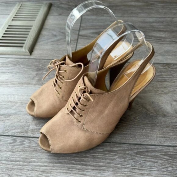 J Crew Peep Toe Lace Up Tan Leather Slingback Wooden Heel Pumps - Picture 2 of 13